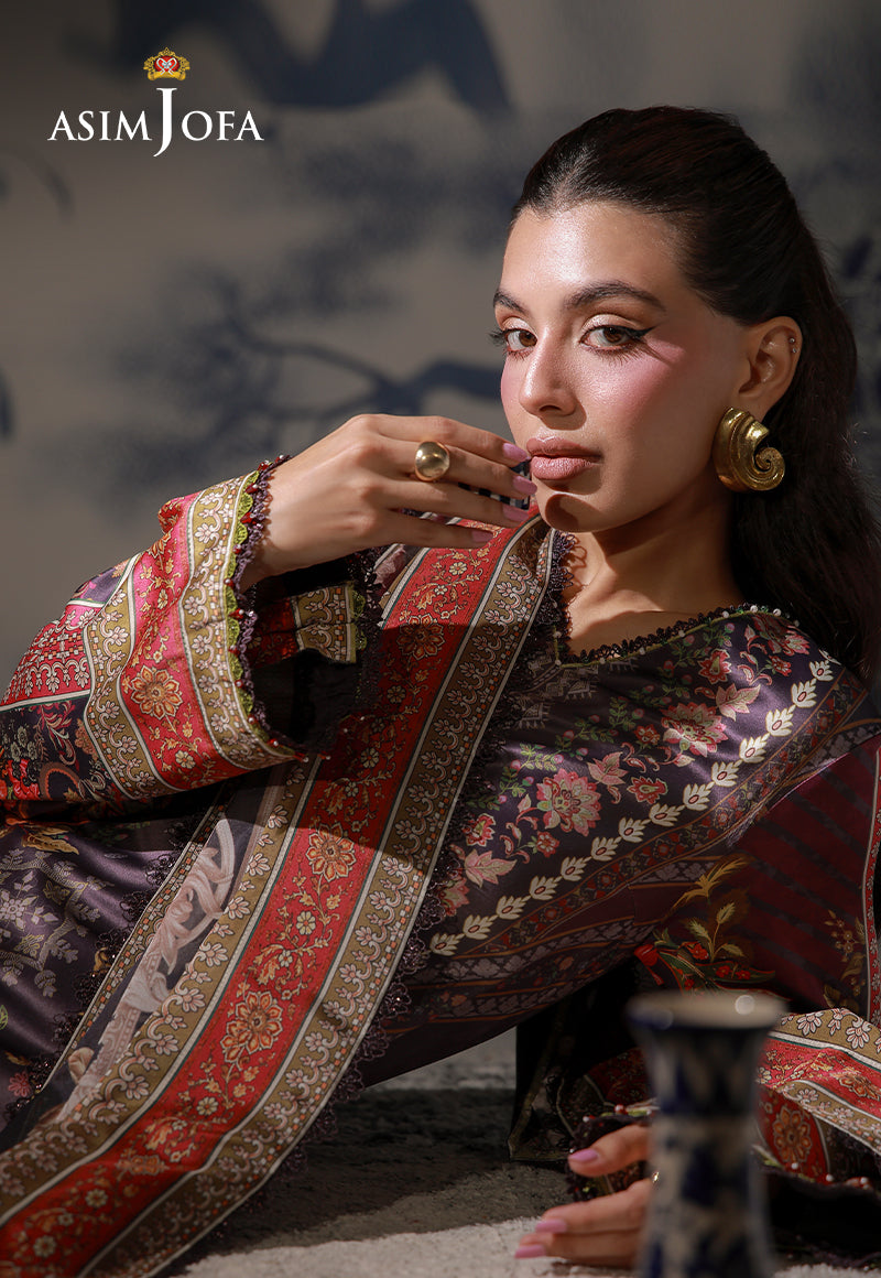 Asim Jofa AJCS-09 purple printed charmeuse silk shirt – reclining portrait close-up showing floral neckline and red cuff border