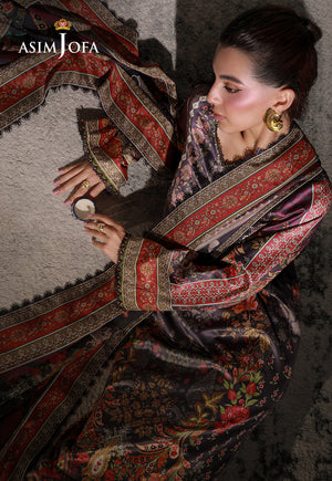 Asim Jofa AJCS-09 purple floral printed charmeuse silk suit – overhead seated view with red-bordered dupatta and ceramic cup