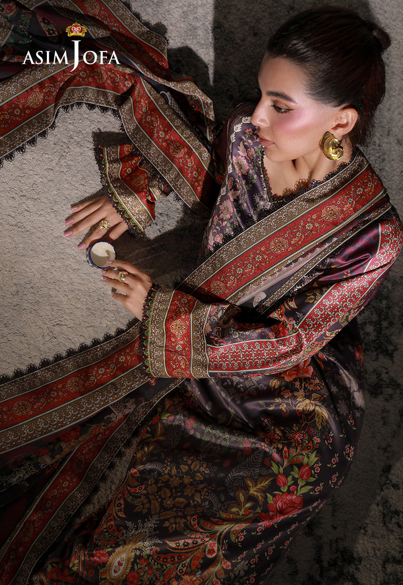 Asim Jofa AJCS-09 purple floral printed charmeuse silk suit – overhead seated view with red-bordered dupatta and ceramic cup