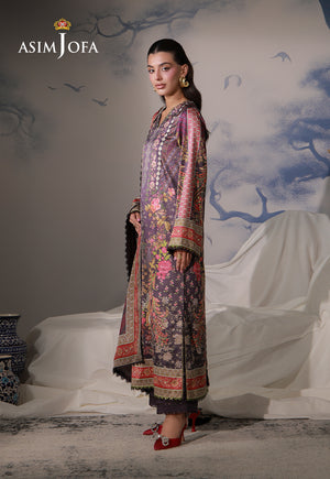 Asim Jofa AJCS-09 purple floral printed charmeuse silk suit – full-length side view with matching raw silk trousers