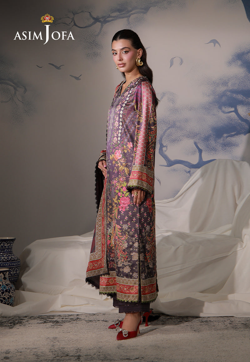 Asim Jofa AJCS-09 purple floral printed charmeuse silk suit – full-length side view with matching raw silk trousers