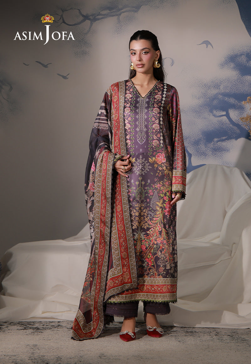 Asim Jofa AJCS-09 purple printed charmeuse silk 3-piece suit – front-facing full-length view with red-bordered silk dupatta