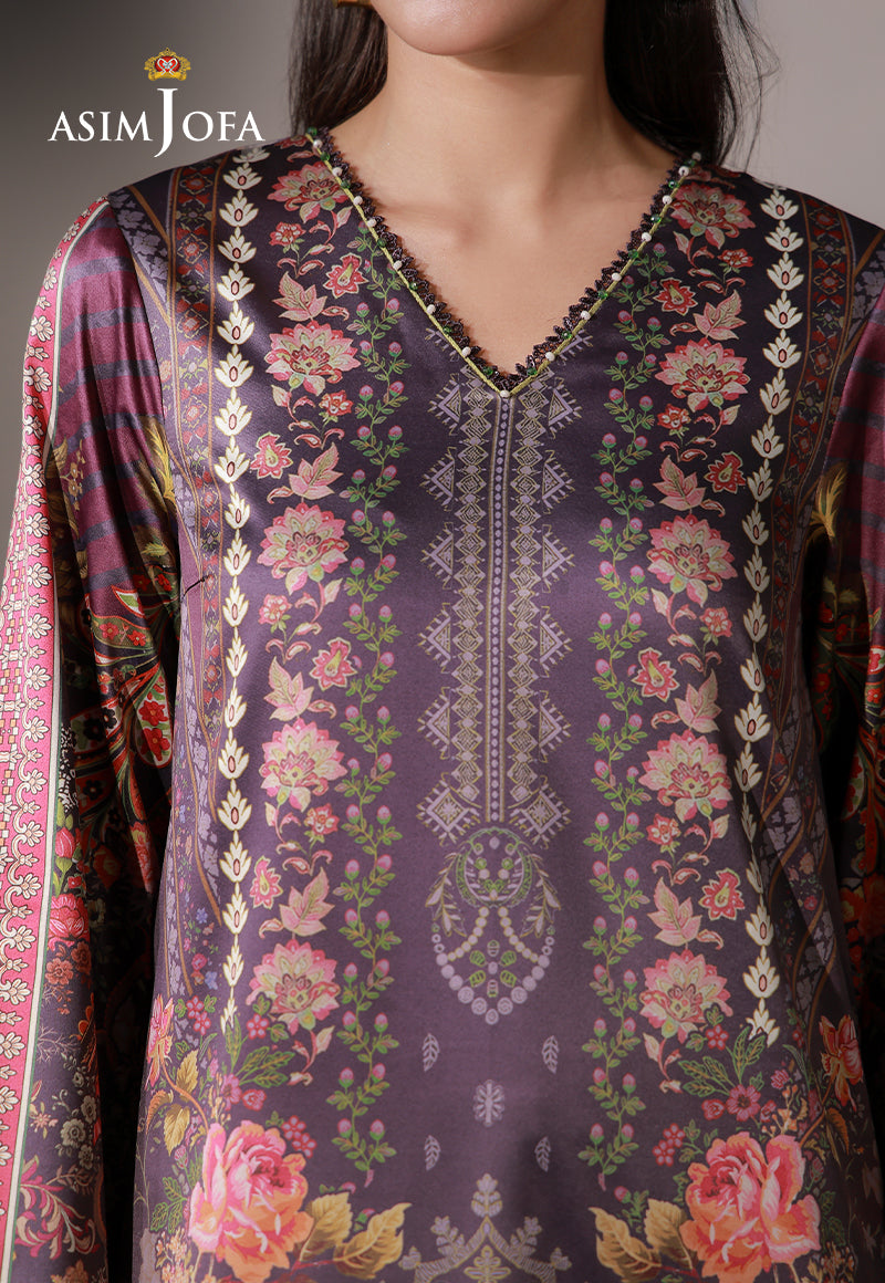 Asim Jofa AJCS-09 purple printed charmeuse silk shirt – V-neckline close-up showing pink floral panels and geometric motifs