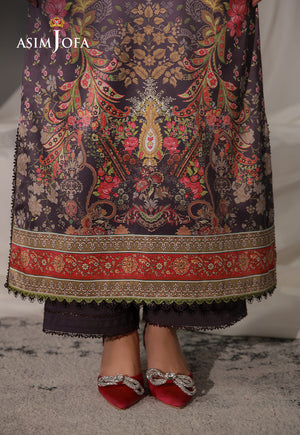 Asim Jofa AJCS-09 purple printed charmeuse silk suit – hem close-up showing ornate floral motifs and red patterned border