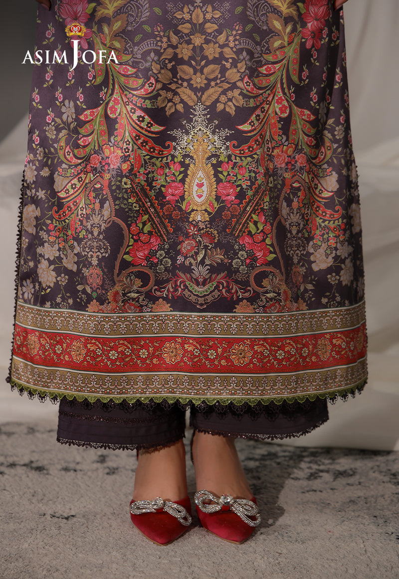 Asim Jofa AJCS-09 purple printed charmeuse silk suit – hem close-up showing ornate floral motifs and red patterned border