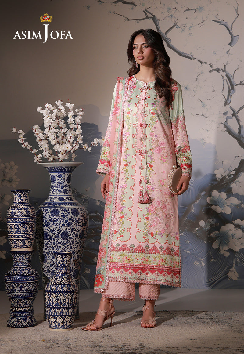 Asim Jofa AJCS-10 peach floral printed charmeuse silk 3-piece suit – full-length front view with coordinating silk dupatta