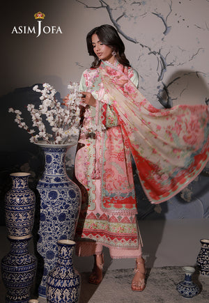 Asim Jofa AJCS-10 peach floral printed charmeuse silk suit – full-length view with flowing silk dupatta beside white blossoms