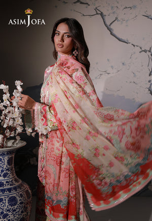Asim Jofa AJCS-10 peach printed charmeuse silk suit – angled portrait showing flowing rose-print silk dupatta and coral border