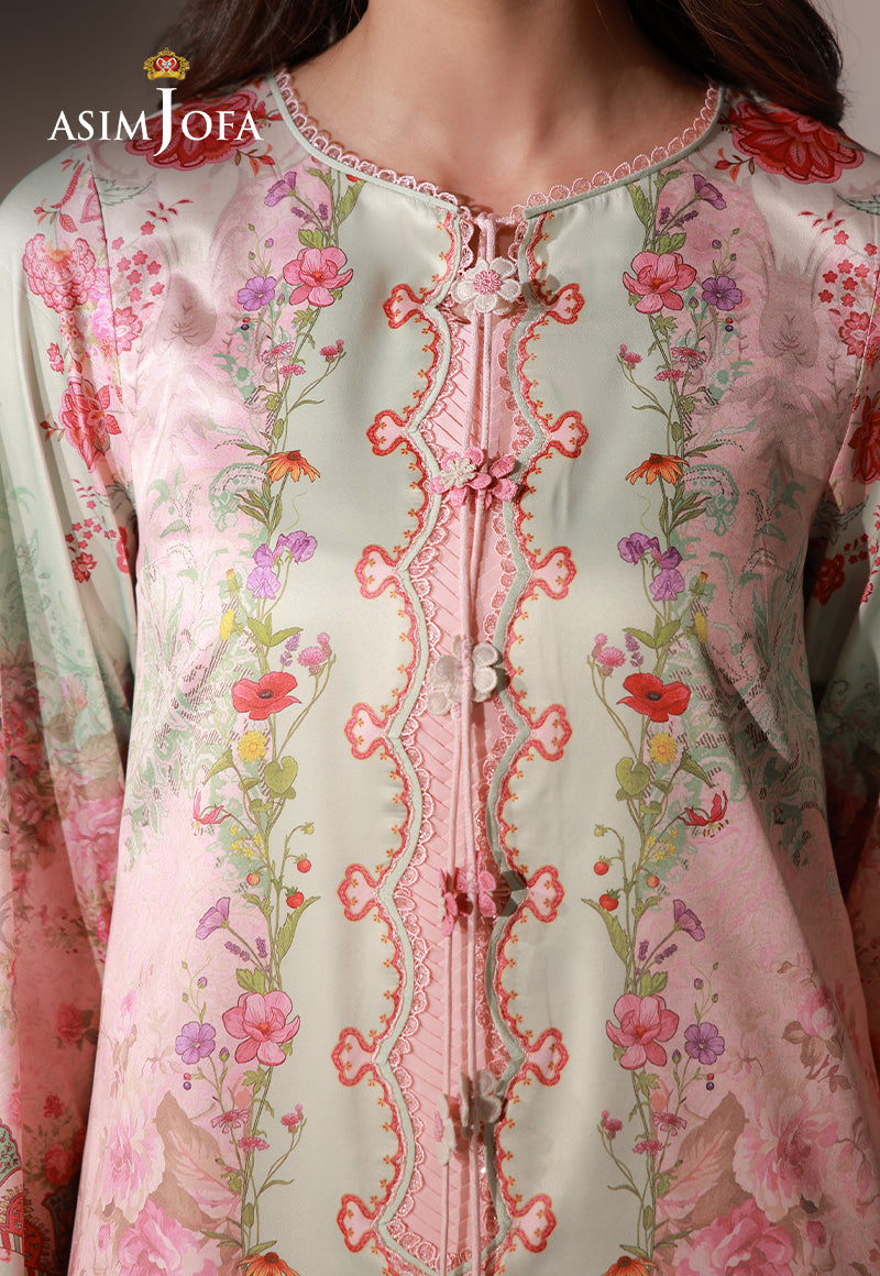 Asim Jofa AJCS-10 peach floral printed charmeuse silk shirt – neckline close-up showing pastel green panel and flower tassels