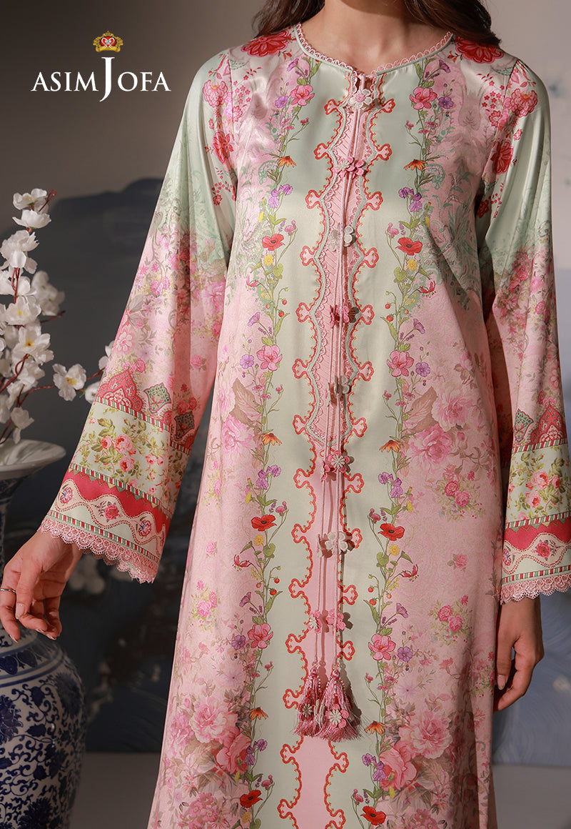 Asim Jofa AJCS-10 peach printed charmeuse silk shirt – front detail view showing floral panels, patterned sleeves and tassels