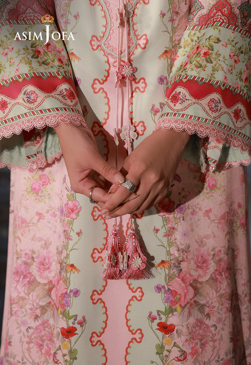 Asim Jofa AJCS-10 peach printed charmeuse silk shirt – cuff close-up showing coral floral borders, pink lace and tassels