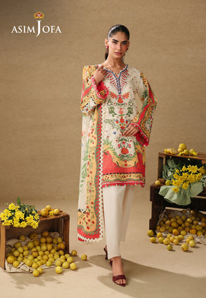 Asim Jofa AJUBC-01 off-white floral printed lawn 3-piece suit – front-facing full-length view with dupatta