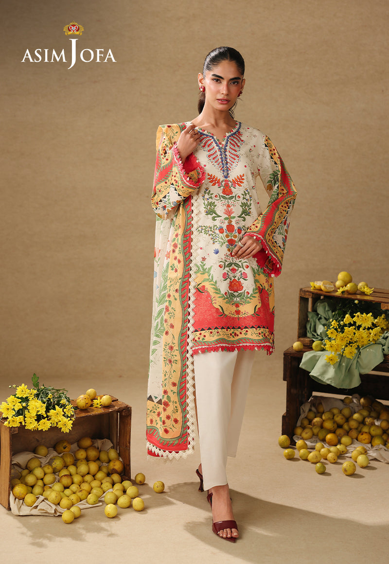 Asim Jofa AJUBC-01 off-white floral printed lawn 3-piece suit – front-facing full-length view with dupatta
