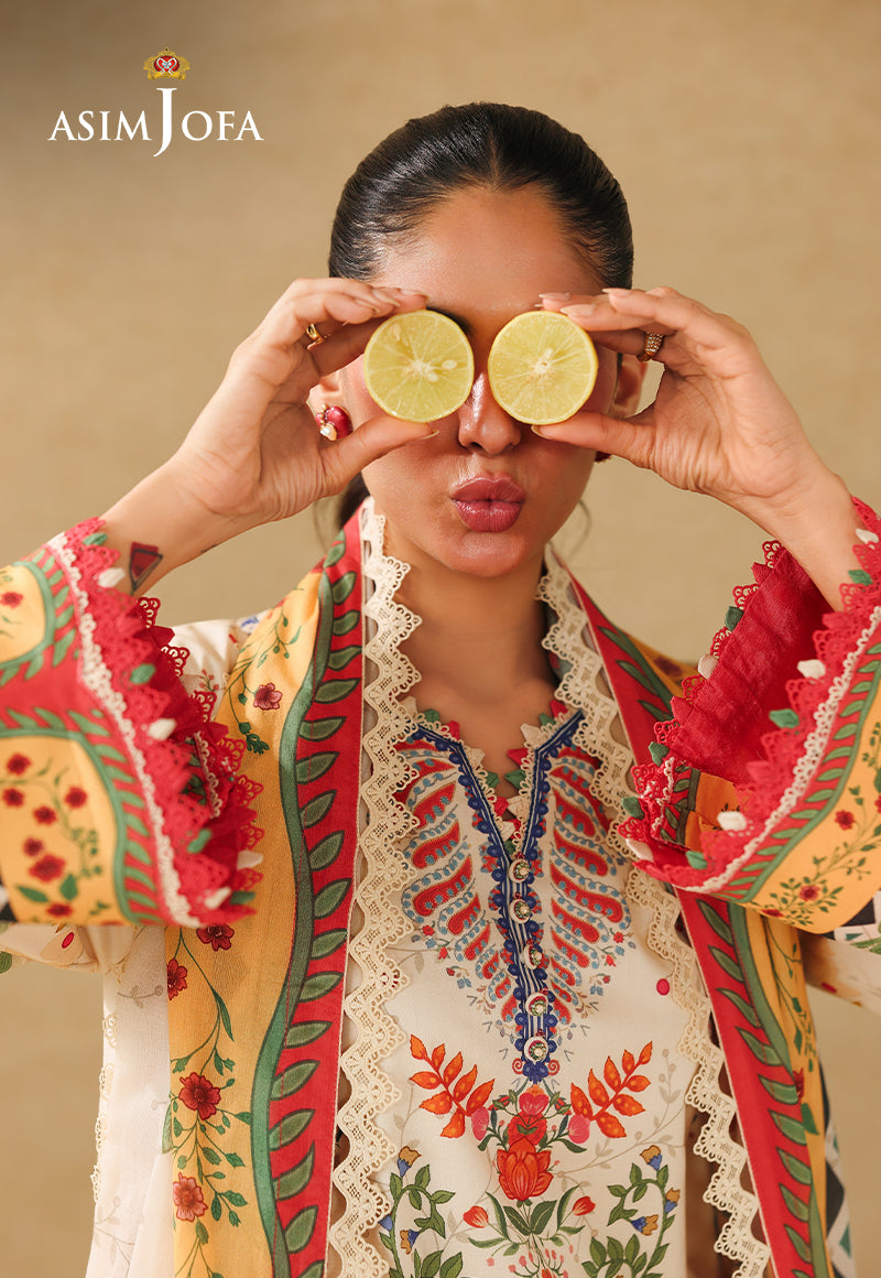 Asim Jofa AJUBC-01 printed lawn shirt – neckline and sleeve close-up with model holding lemons over her eyes