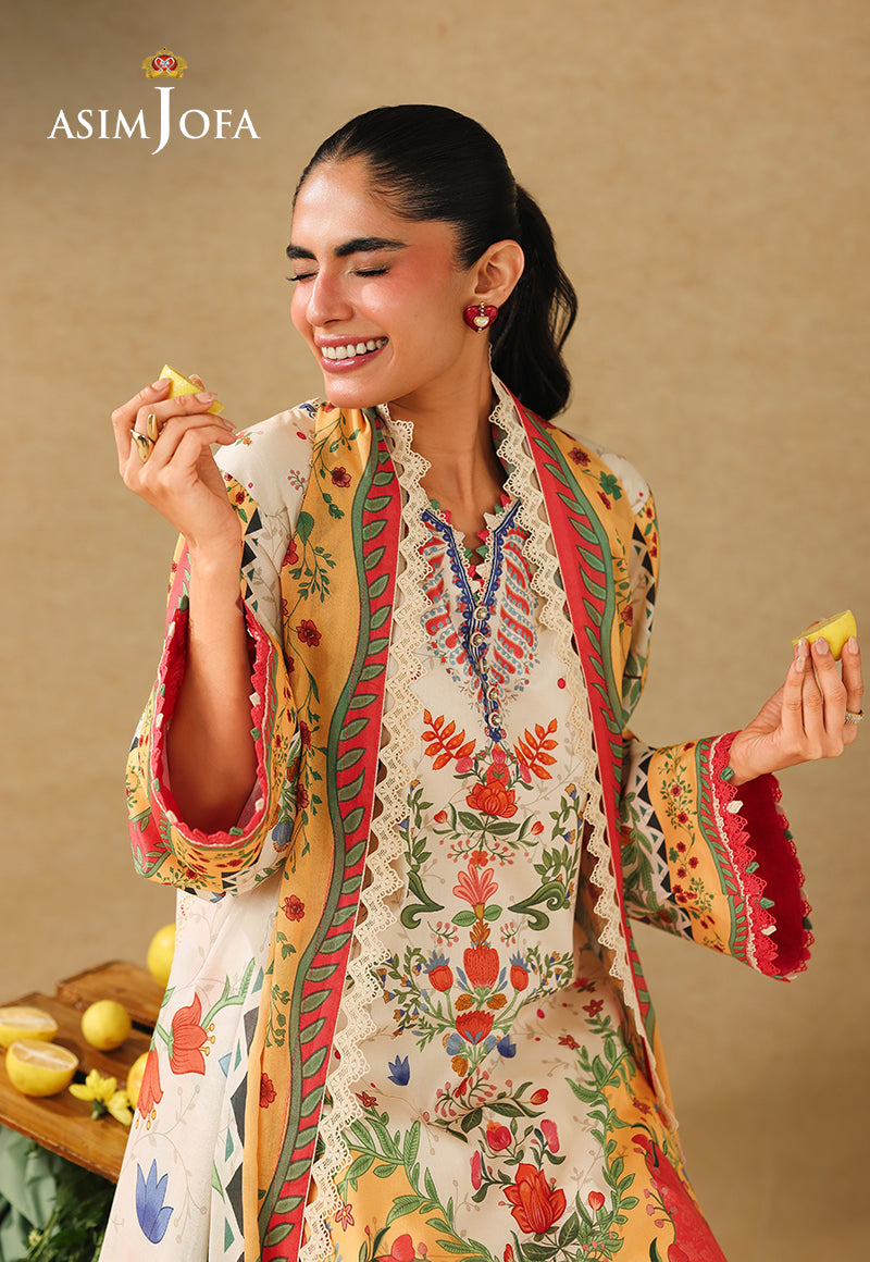 Asim Jofa AJUBC-01 off-white floral printed lawn shirt and dupatta – upper-body view with model holding lemons