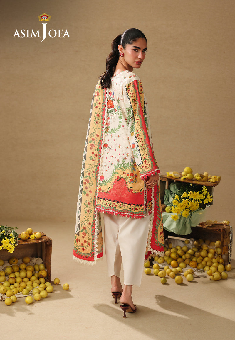 Asim Jofa AJUBC-01 off-white printed lawn suit – full-length back view showing floral shirt and dupatta