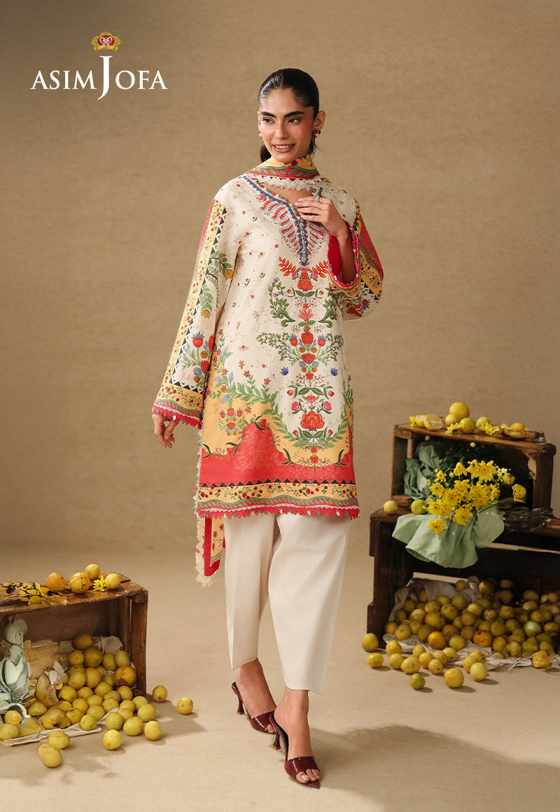Asim Jofa AJUBC-01 off-white floral printed lawn suit – full-length front view with dupatta around the neck