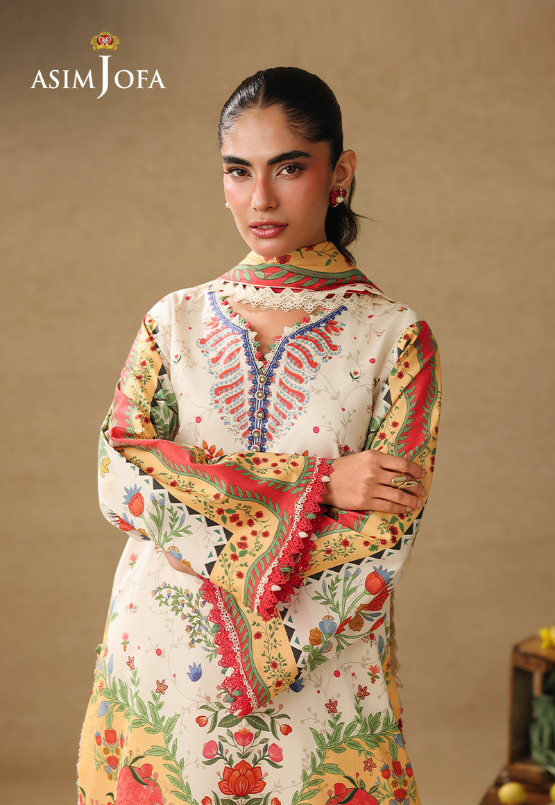 Asim Jofa AJUBC-01 off-white printed lawn shirt – close-up of patterned neckline and multicolour sleeves