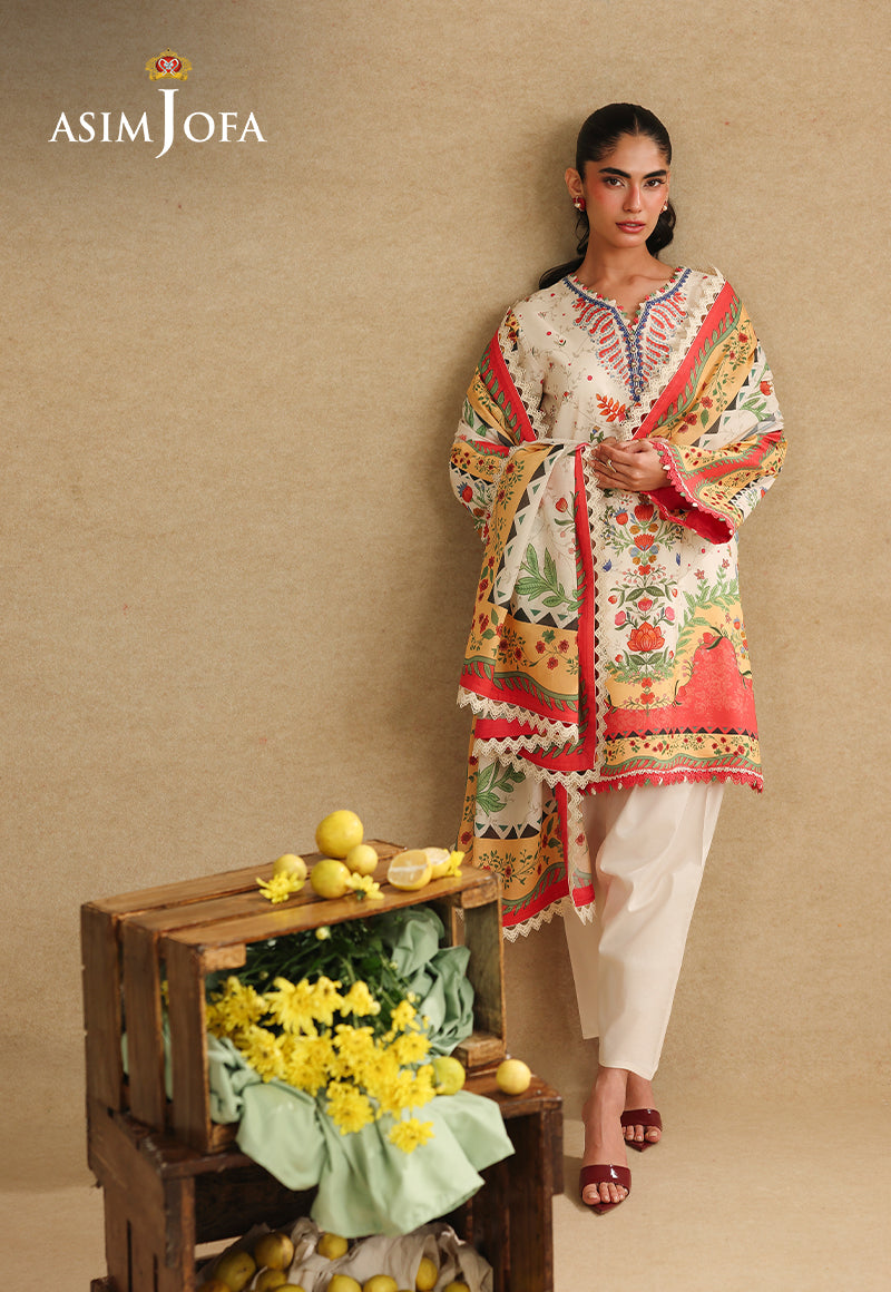 Asim Jofa AJUBC-01 off-white printed lawn 3-piece suit – full-length view with floral dupatta around shoulders