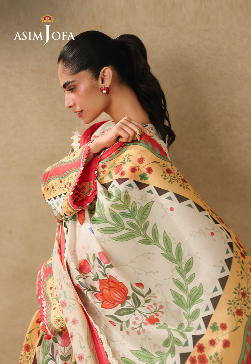 Asim Jofa AJUBC-01 printed lawn dupatta – close-up of red flowers, green leaves and yellow patterned border