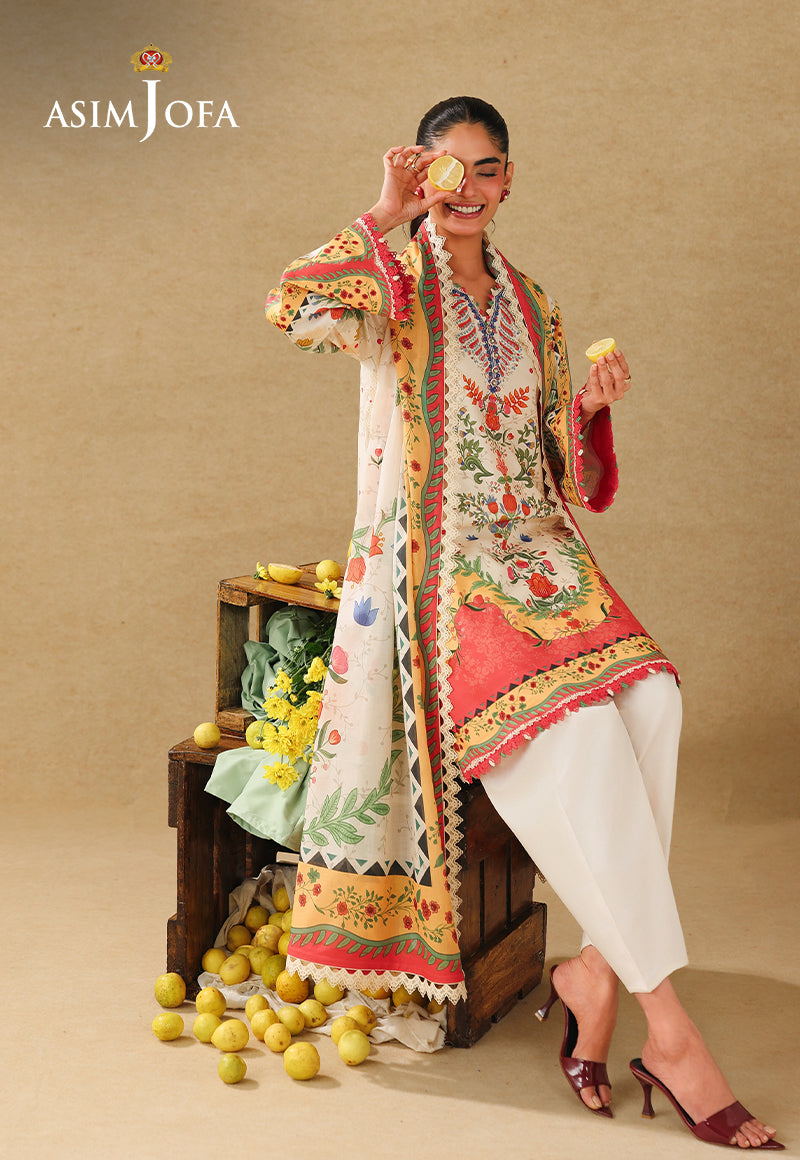 Asim Jofa AJUBC-01 off-white floral printed lawn suit – seated full-length view with dupatta and trousers