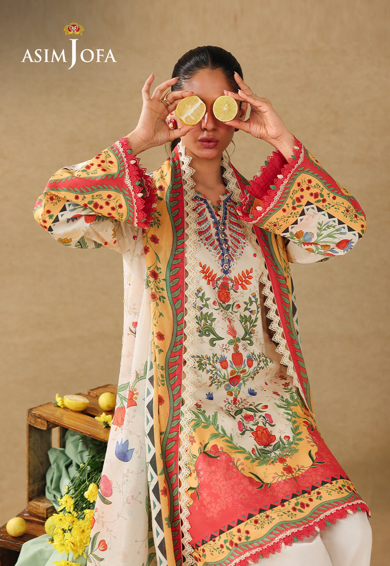 Asim Jofa AJUBC-01 off-white printed lawn suit – seated front view with model holding lemons over her eyes
