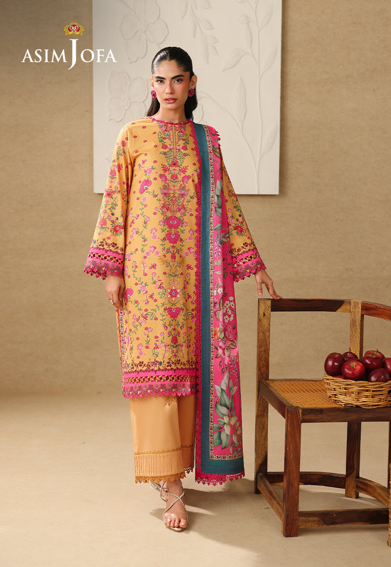 Asim Jofa AJUBC-02 ochre yellow floral printed lawn 3-piece suit – front-facing full-length view with fuchsia dupatta