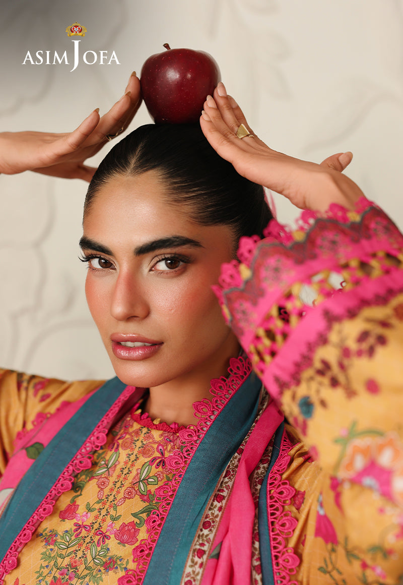 Asim Jofa AJUBC-02 ochre yellow printed lawn shirt – angled portrait highlighting fuchsia cuff and floral neckline