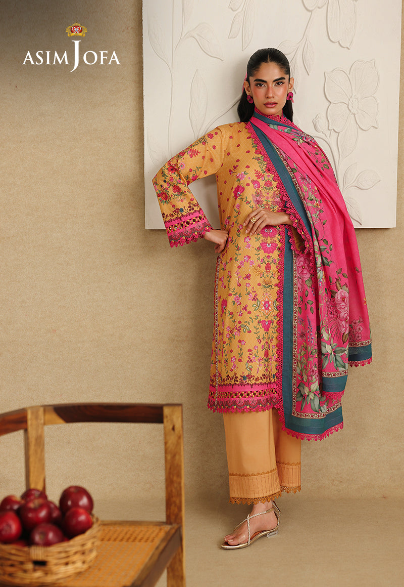 Asim Jofa AJUBC-02 ochre yellow floral printed lawn 3-piece suit – full-length view with fuchsia dupatta across the shoulder