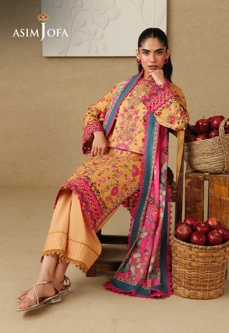 Asim Jofa AJUBC-02 ochre yellow printed lawn 3-piece suit – seated full-length view with fuchsia dupatta and cambric trousers