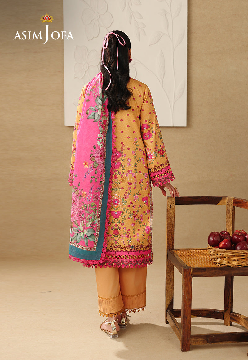 Asim Jofa AJUBC-02 ochre yellow printed lawn suit – full-length back view with fuchsia floral dupatta