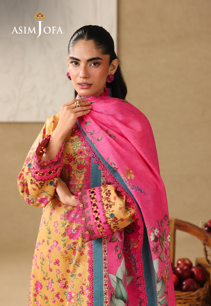 Asim Jofa AJUBC-02 ochre yellow printed lawn shirt – upper-body view with fuchsia dupatta wrapped over the shoulder