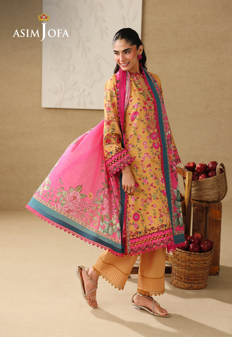 Asim Jofa AJUBC-02 ochre yellow floral printed lawn 3-piece suit – full-length angled view with flowing fuchsia dupatta