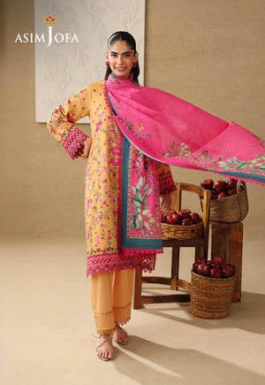 Asim Jofa AJUBC-02 ochre yellow printed lawn suit – full-length front view with fuchsia dupatta extended to the side