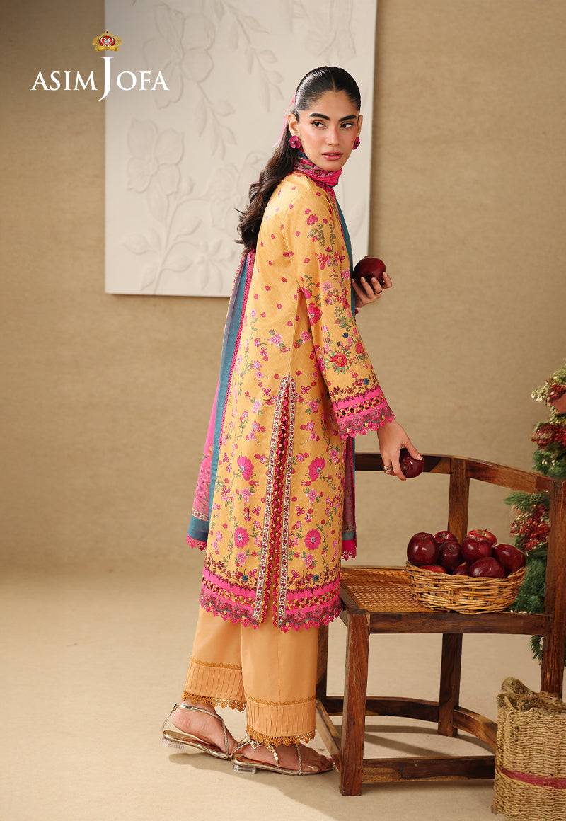 Asim Jofa AJUBC-02 ochre yellow floral printed lawn suit – full-length side view showing shirt slit and cambric trousers