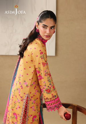 Asim Jofa AJUBC-02 ochre yellow printed lawn shirt – side close-up of floral sleeve and fuchsia cuff border
