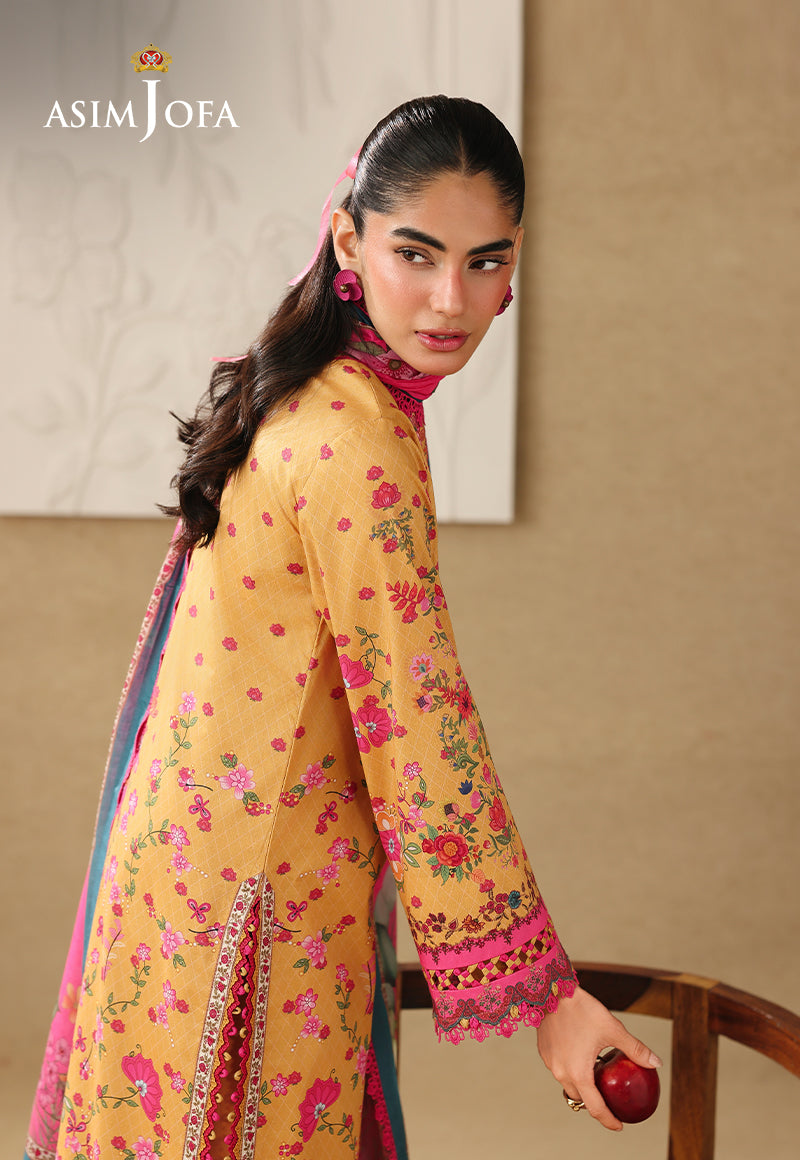 Asim Jofa AJUBC-02 ochre yellow printed lawn shirt – side close-up of floral sleeve and fuchsia cuff border