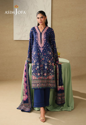 Asim Jofa AJUBC-03 deep blue floral printed lawn 3-piece suit – front-facing full-length view with matching dupatta