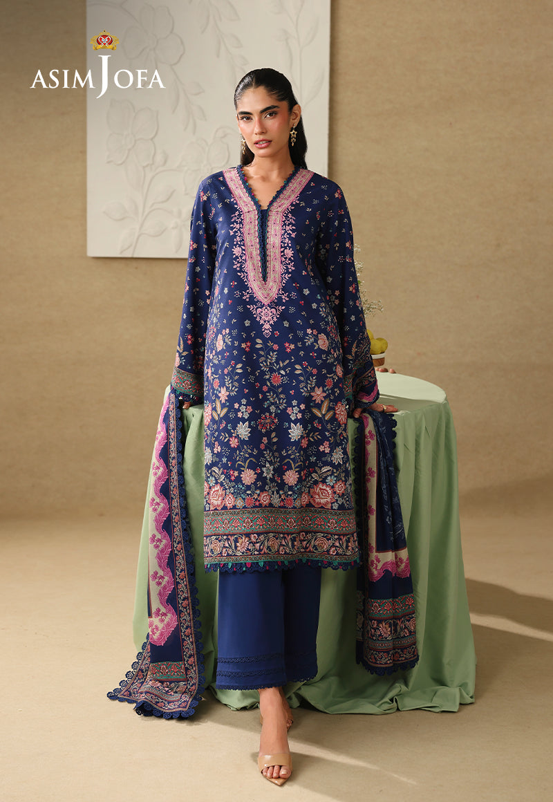 Asim Jofa AJUBC-03 deep blue floral printed lawn 3-piece suit – front-facing full-length view with matching dupatta