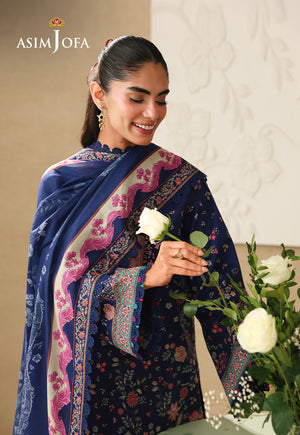 Asim Jofa AJUBC-03 deep blue floral printed lawn shirt and dupatta – upper-body view with model arranging white roses