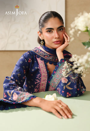 Asim Jofa AJUBC-03 deep blue printed lawn shirt – seated close-up showing pink neckline and green floral cuff borders