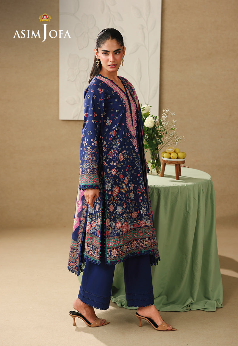 Asim Jofa AJUBC-03 deep blue floral printed lawn 3-piece suit – full-length side view with matching cambric trousers