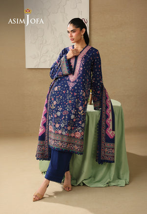 Asim Jofa AJUBC-03 deep blue printed lawn suit – angled full-length front view showing pink neckline and floral hem