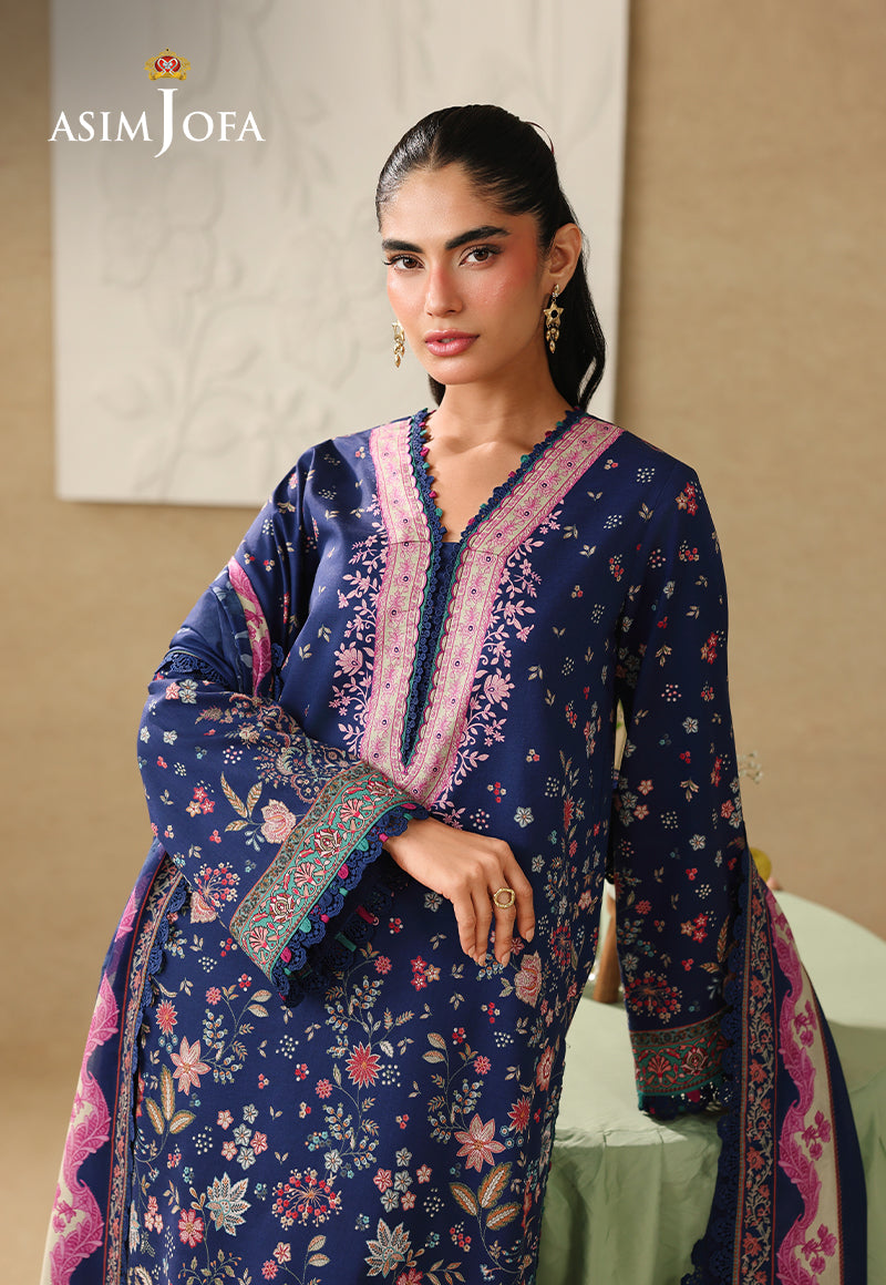 Asim Jofa AJUBC-03 deep blue floral printed lawn shirt – close-up of pink neckline and green patterned sleeve borders