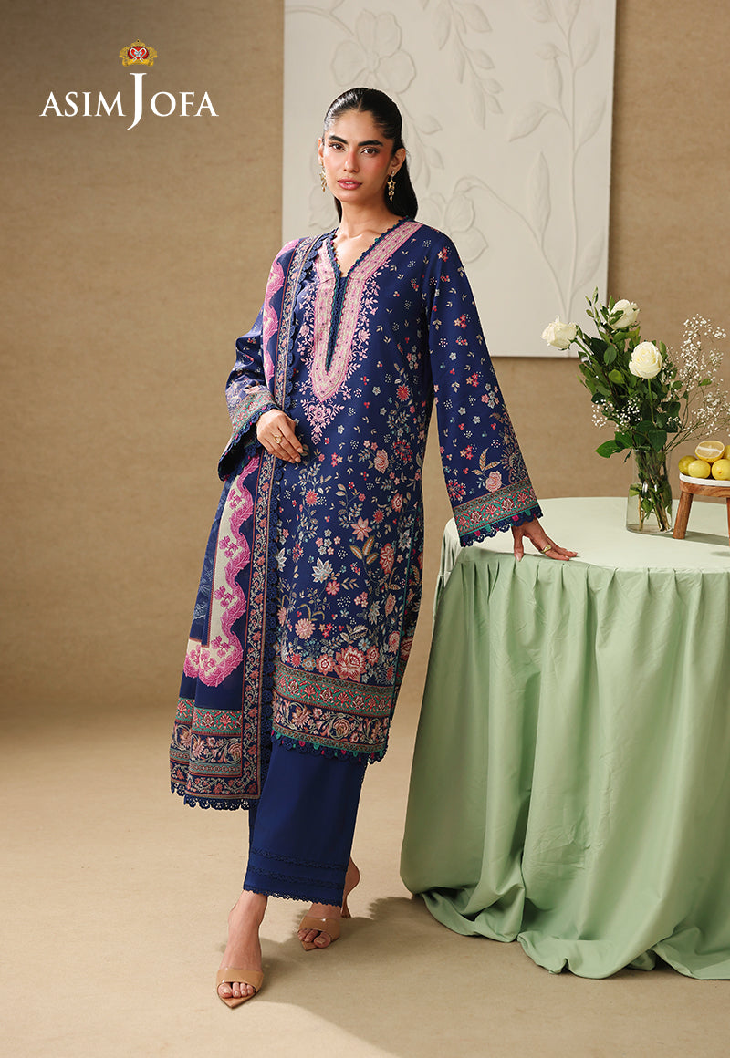 Asim Jofa AJUBC-03 deep blue floral printed lawn 3-piece suit – full-length front view with dupatta over one shoulder