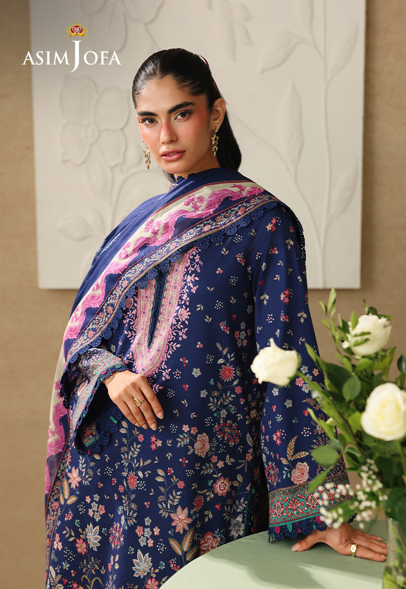 Asim Jofa AJUBC-03 deep blue printed lawn shirt – upper-body view with pink-bordered botanical dupatta across shoulders