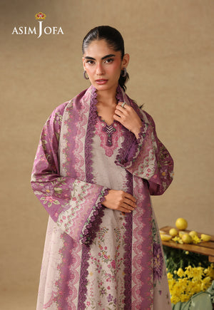 Asim Jofa AJUBC-04 tea pink floral printed lawn shirt – upper-body front view with matching dupatta around shoulders