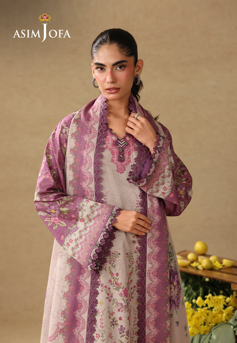 Asim Jofa AJUBC-04 tea pink floral printed lawn shirt – upper-body front view with matching dupatta around shoulders