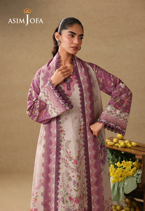 Asim Jofa AJUBC-04 tea pink printed lawn shirt – angled close-up highlighting floral neckline and mauve sleeve borders