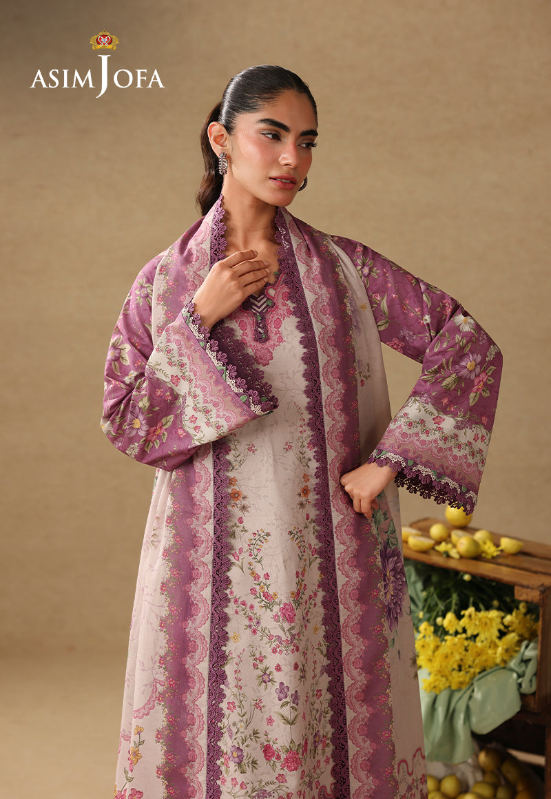 Asim Jofa AJUBC-04 tea pink printed lawn shirt – angled close-up highlighting floral neckline and mauve sleeve borders